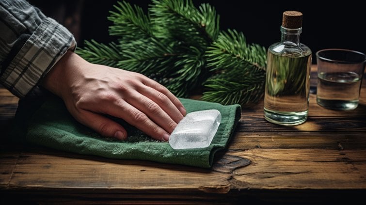 a hand, a bottle of rubbing alcohol, a soft cloth, and a bowl of warm soapy water, all set on a wooden table with a pine tree in the background