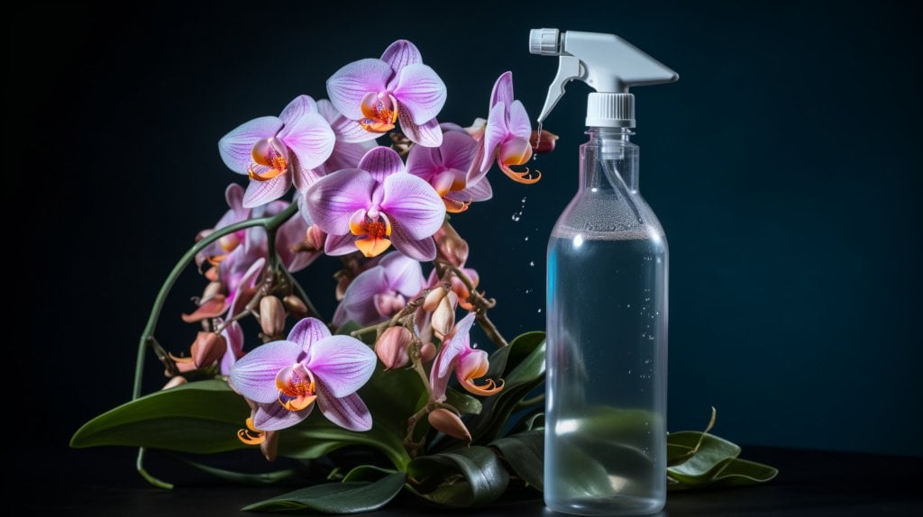 a spray bottle with Physan 20 beside an orchid