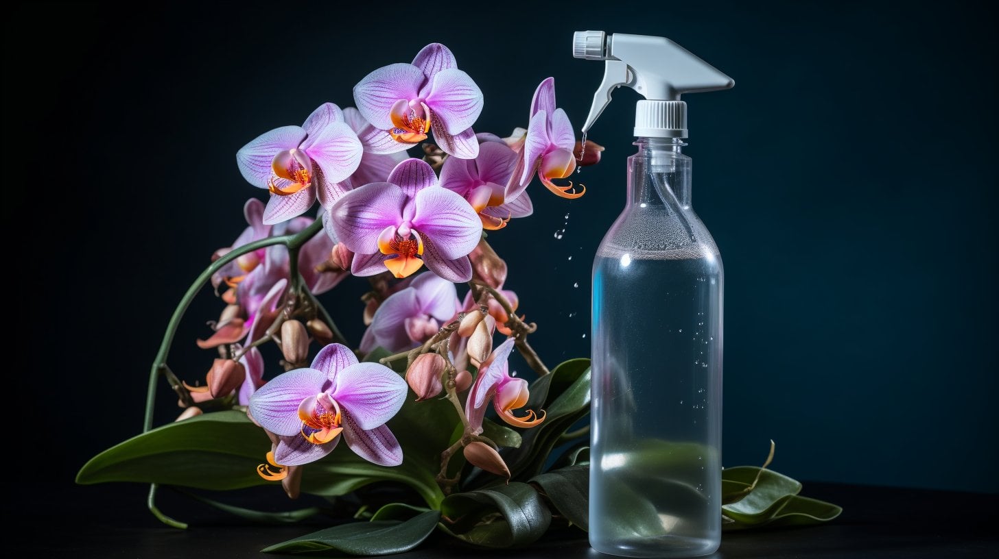 a spray bottle with Physan 20 beside an orchid