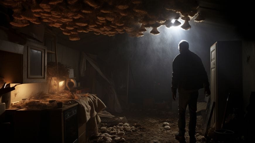 A damp, dimly lit room with visible mold growth, scattered indoor mushroom.
