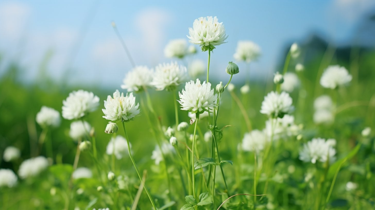 Close-up image of a tall white clover weed against a blurred natural backdrop