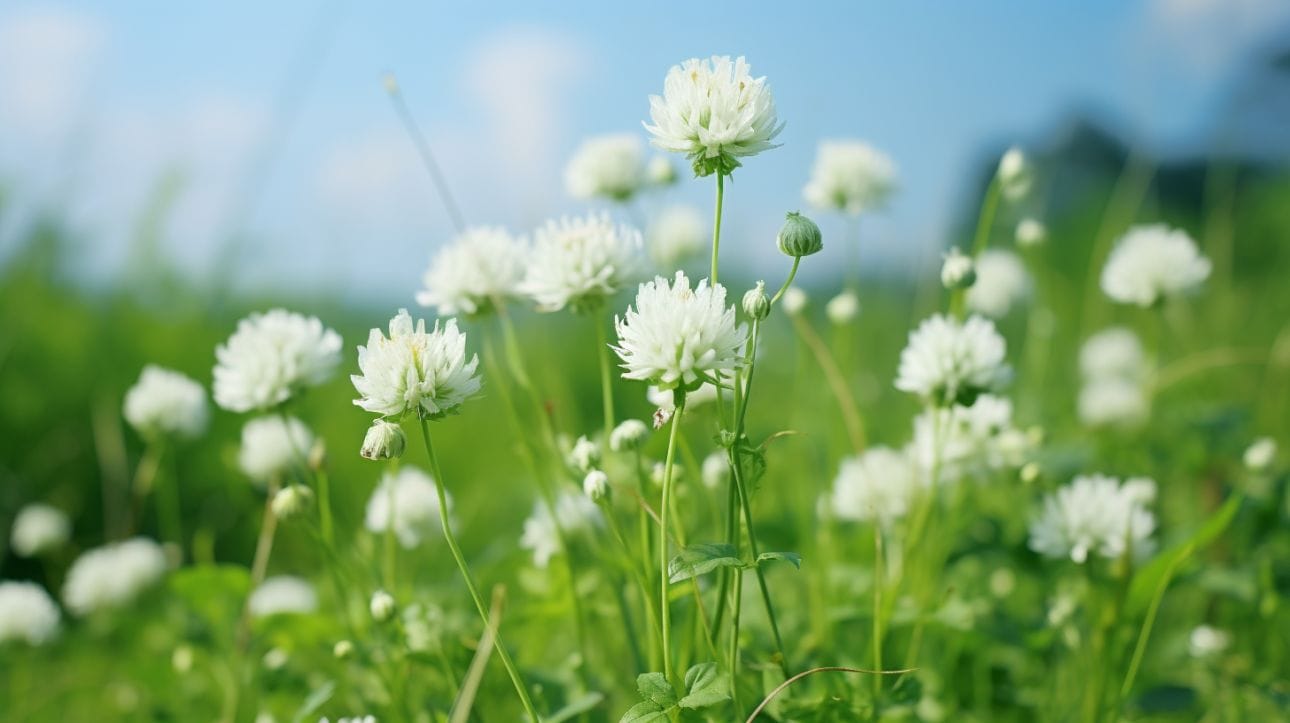 Close-up image of a tall white clover weed against a blurred natural backdrop