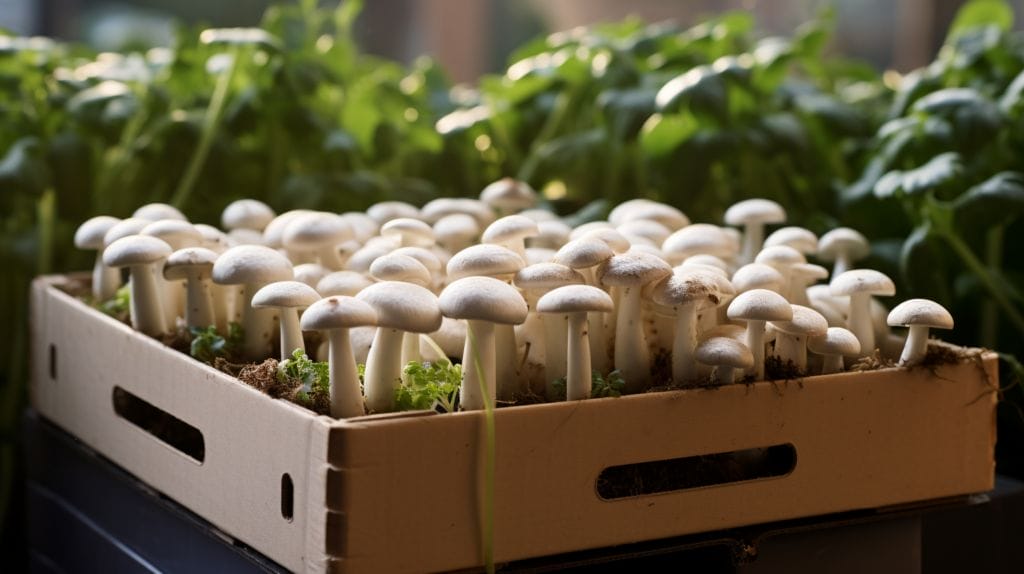 Indoor cultivated mushrooms growing in a planter box.
