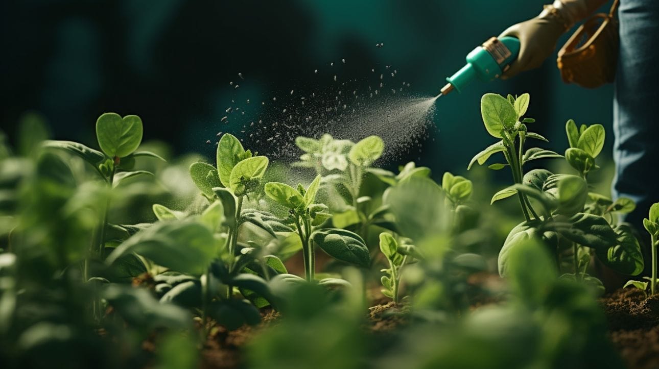 a person spraying insecticide on plants