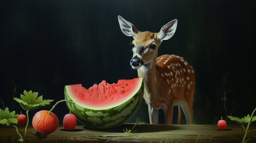 A deer near an open watermelon.