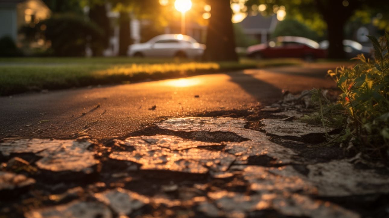 scattered pieces of leftover concrete being used to fill potholes in a driveway and cracks in a sidewalk pathway, under the warm glow of a setting sun