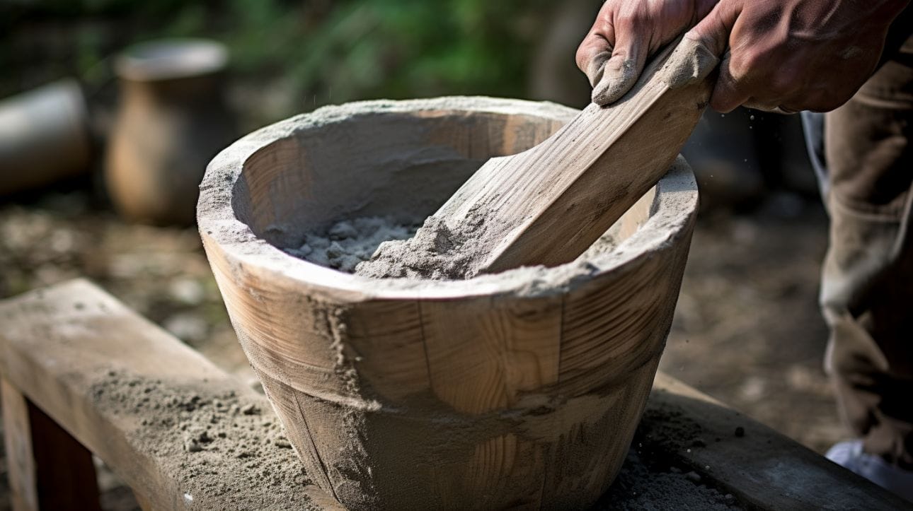 hands preparing a wooden mold, with concrete mixture