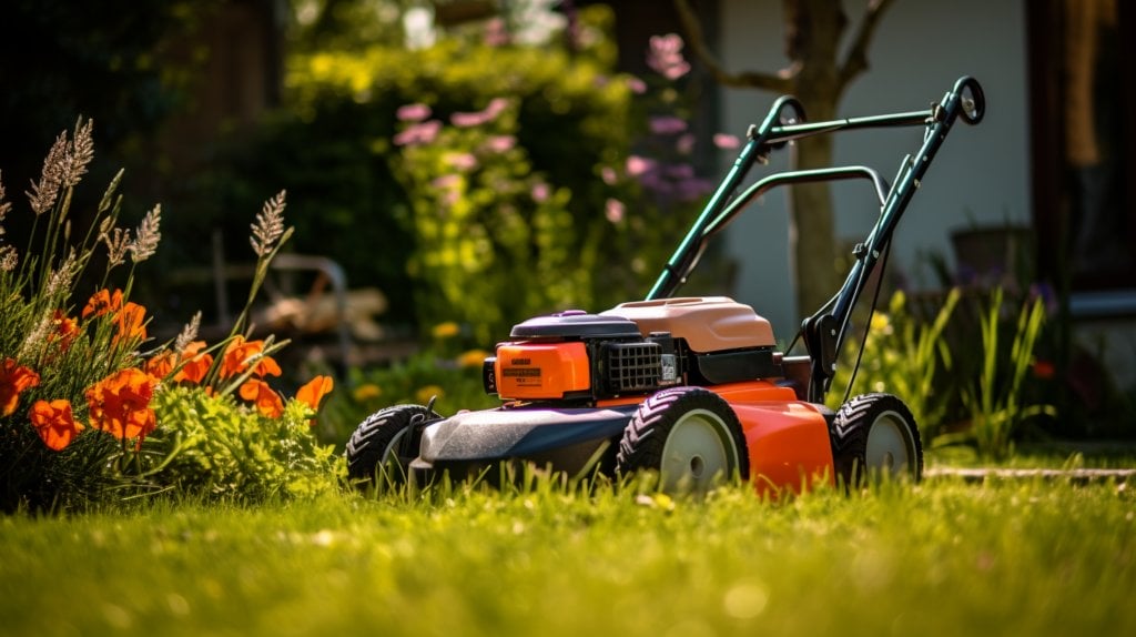 a lawn mower in a garden