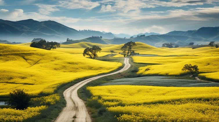 a Californian landscape overrun by mustard plant