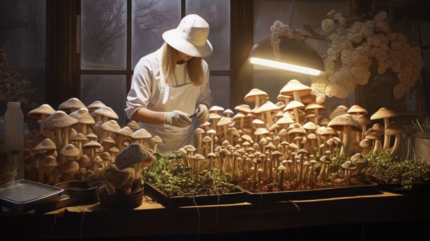 A person carefully tending to a mushroom.