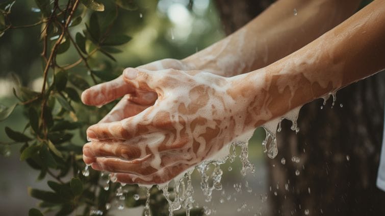 hands being washed with baking soda mixture, with a background of tree sap and natural ingredients like vinegar and olive oil