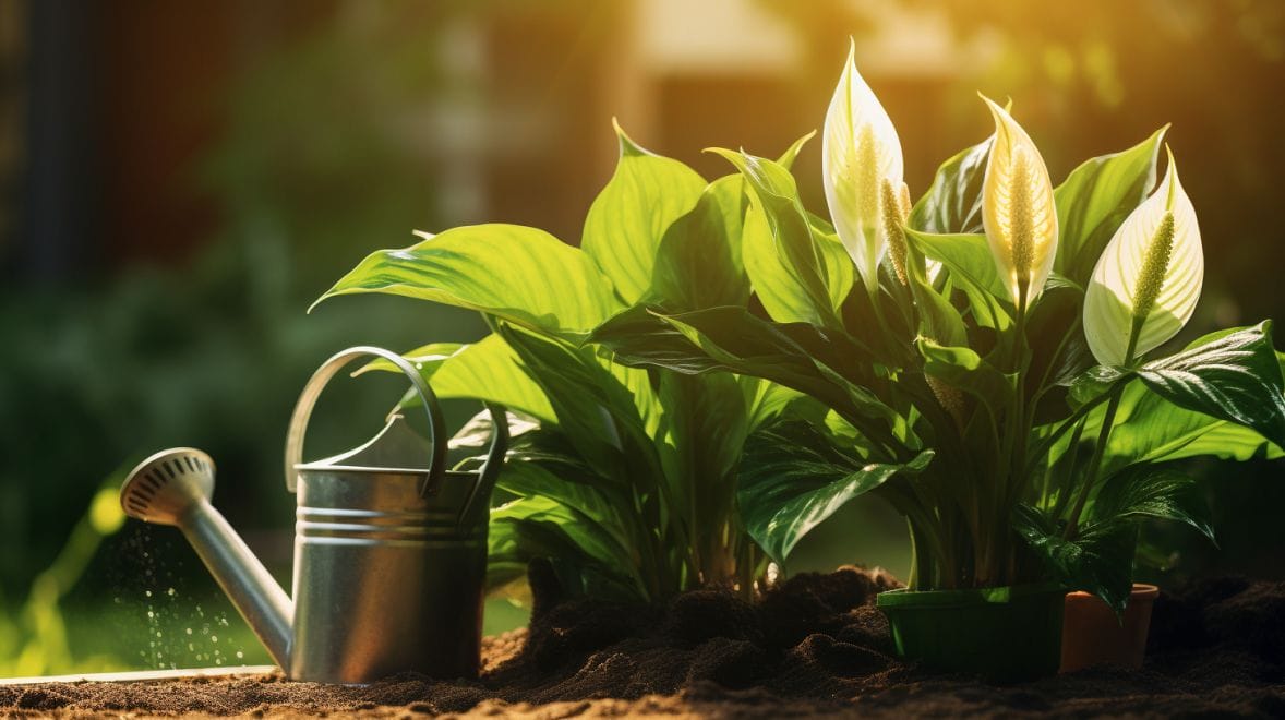 a peace lily into a prepared outdoor garden bed with a watering can