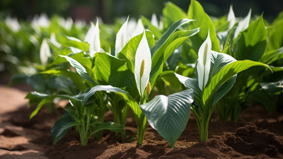 a healthy peace lily thriving in an outdoor garden