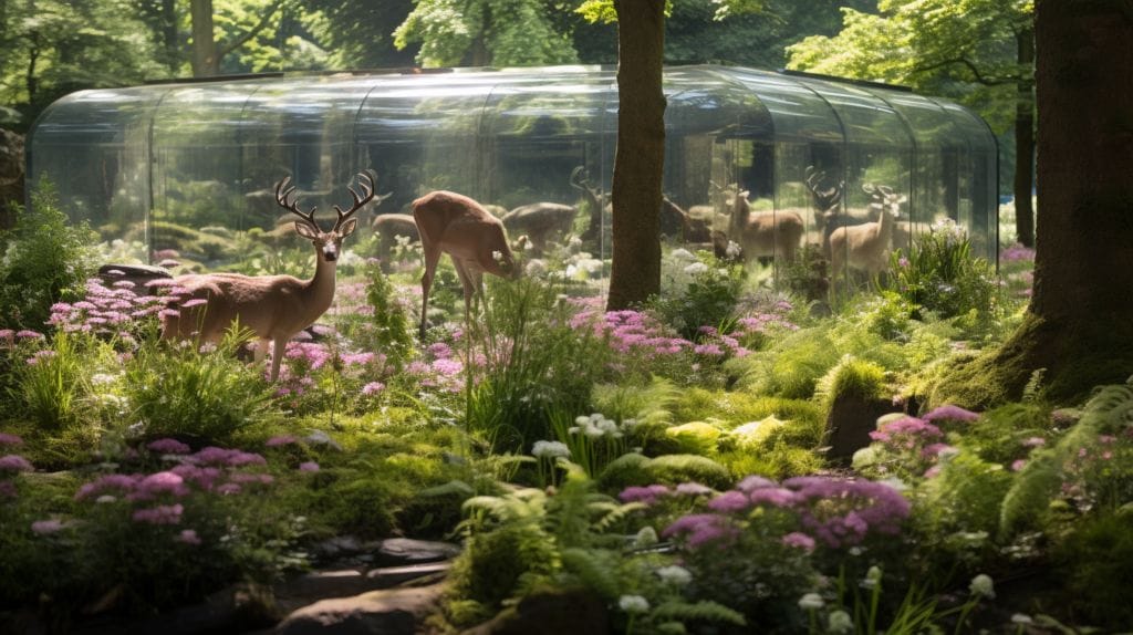 Phlox garden surrounded by a protective barrier with deers outside.