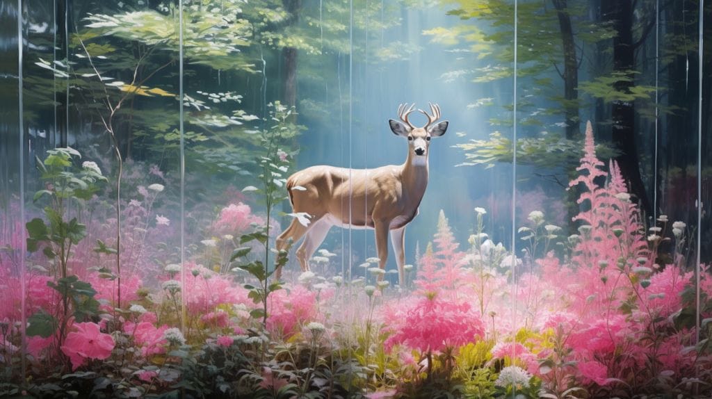 A Phlox garden with a deer outside the barrier.