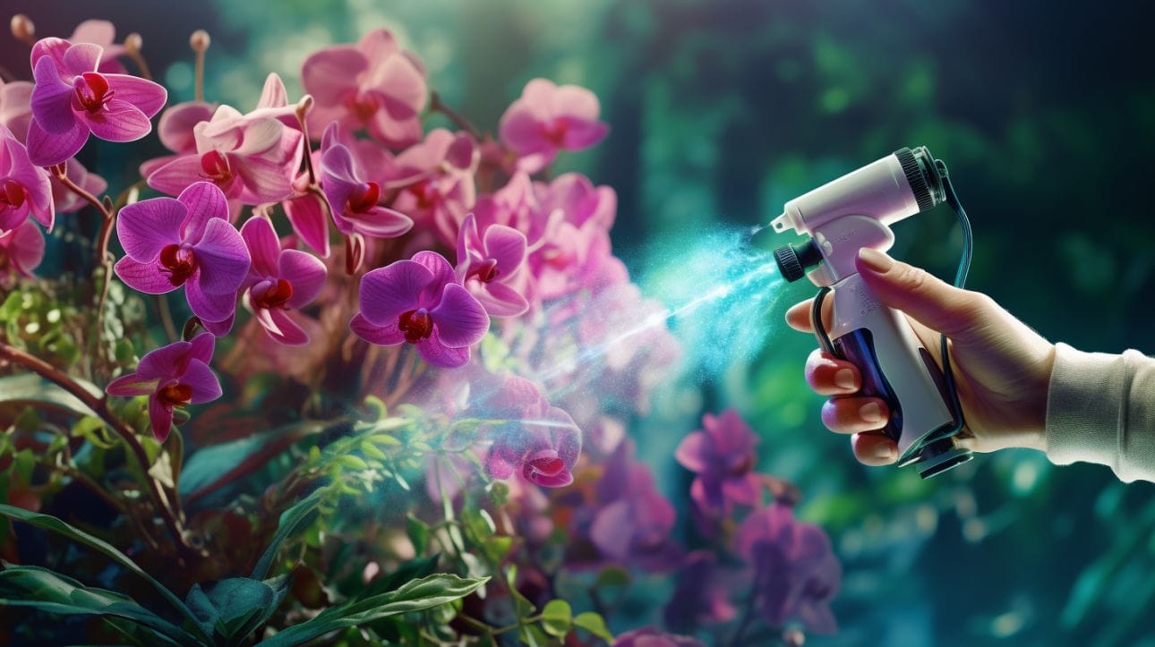 a person's hand spraying Physan 20 in a spray bottle onto an orchid