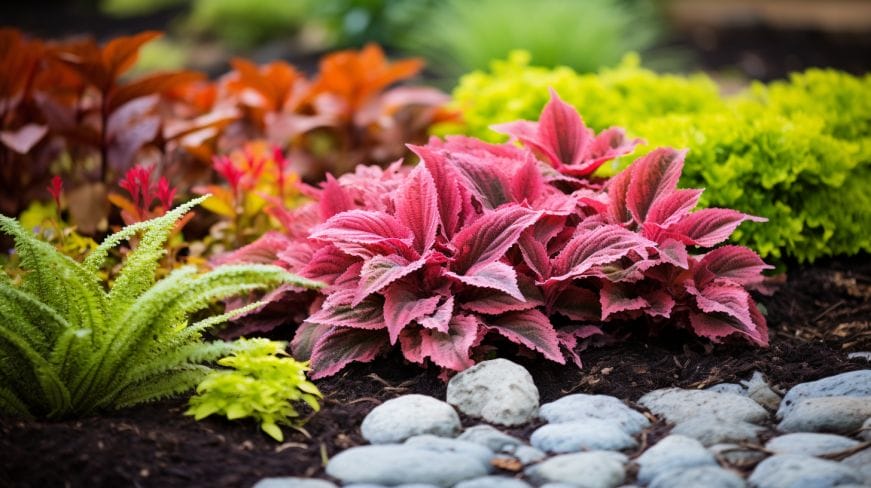 a diverse garden bed filled with Heuchera, ferns, astilbes and more.