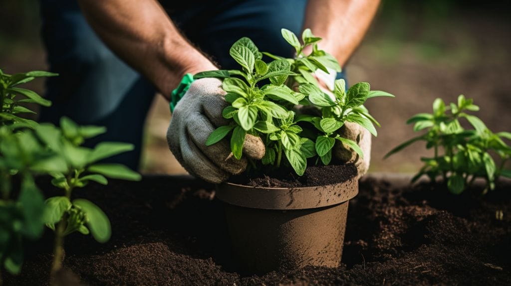 a pair of hands gently transplanting a mint plant