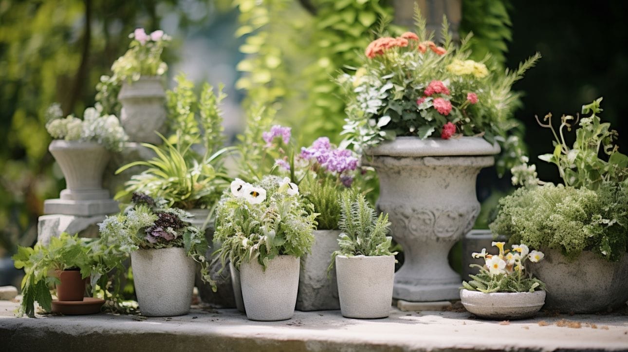 An assortment of DIY planters and garden decor, crafted from leftover concrete, adorned with blooming flowers and lush greenery