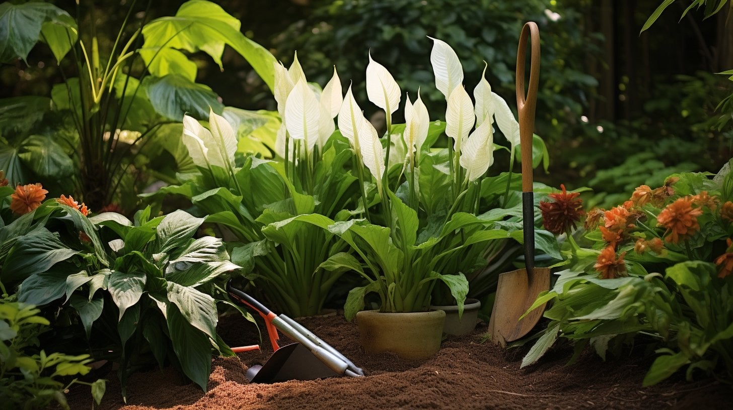 a peace lily plant in an outdoor garden, and a shovel