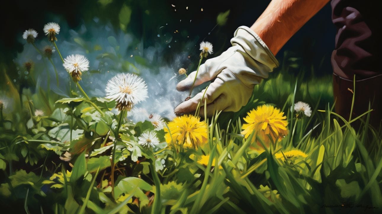 a vibrant green lawn, marred by tall, dandelions being uprooted by a gloved hand
