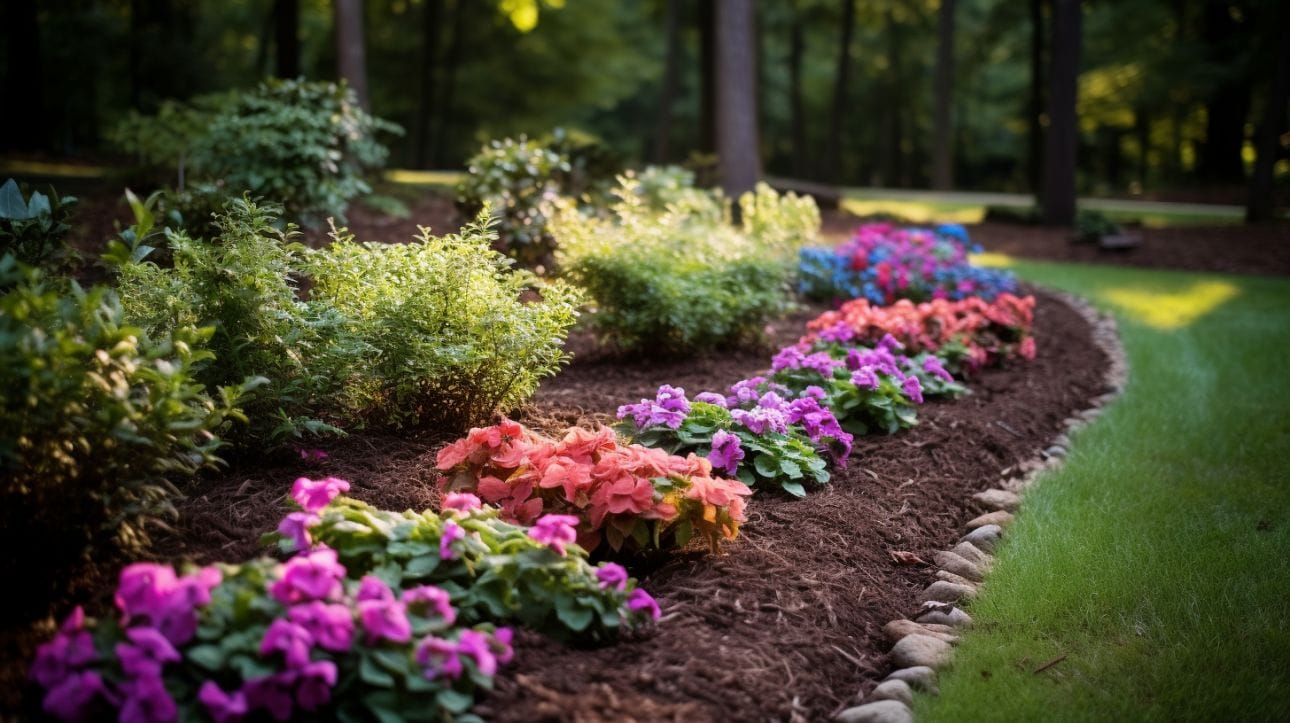 a healthy flower bed bordered by a protective mulch barrier