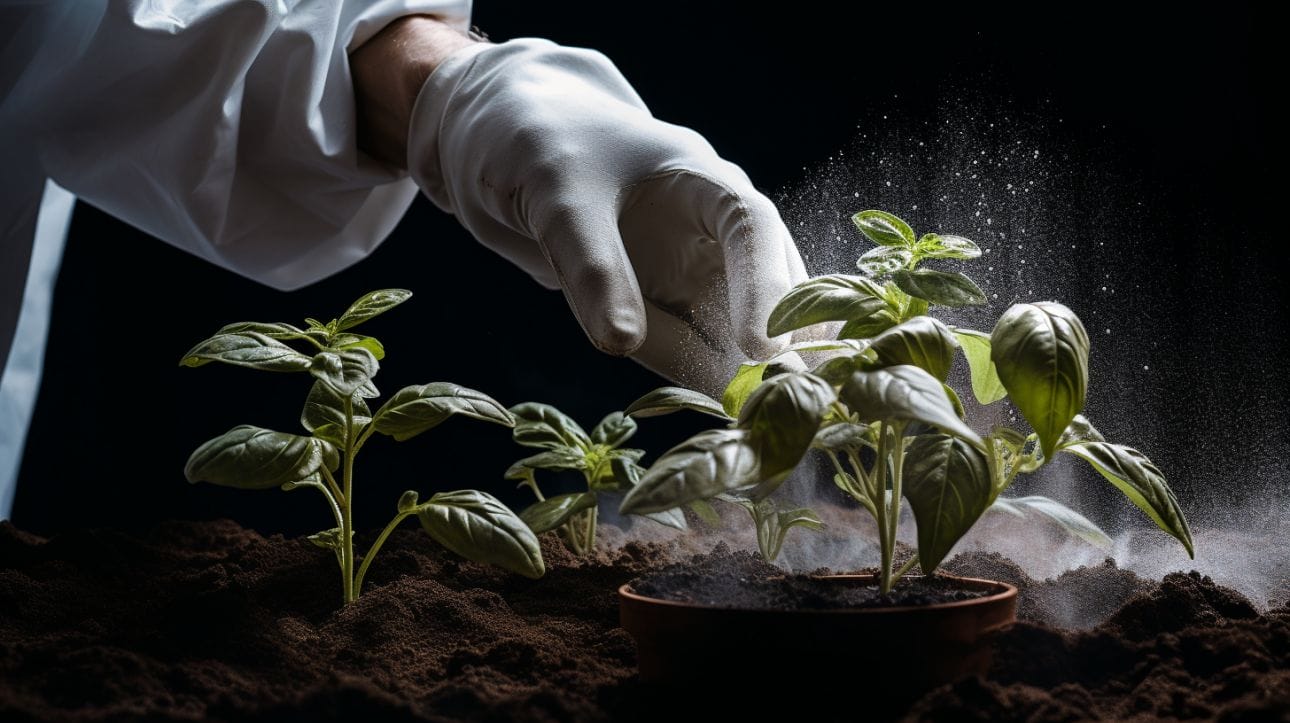 a person wearing gloves, sprinkling diatomaceous earth around healthy plants