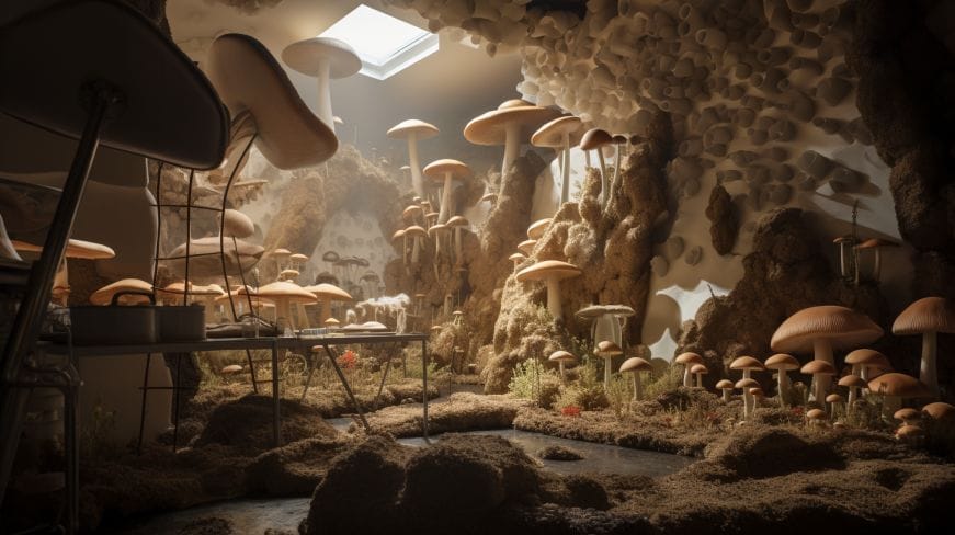 Indoor setting showing various stages of mushroom cultivation.