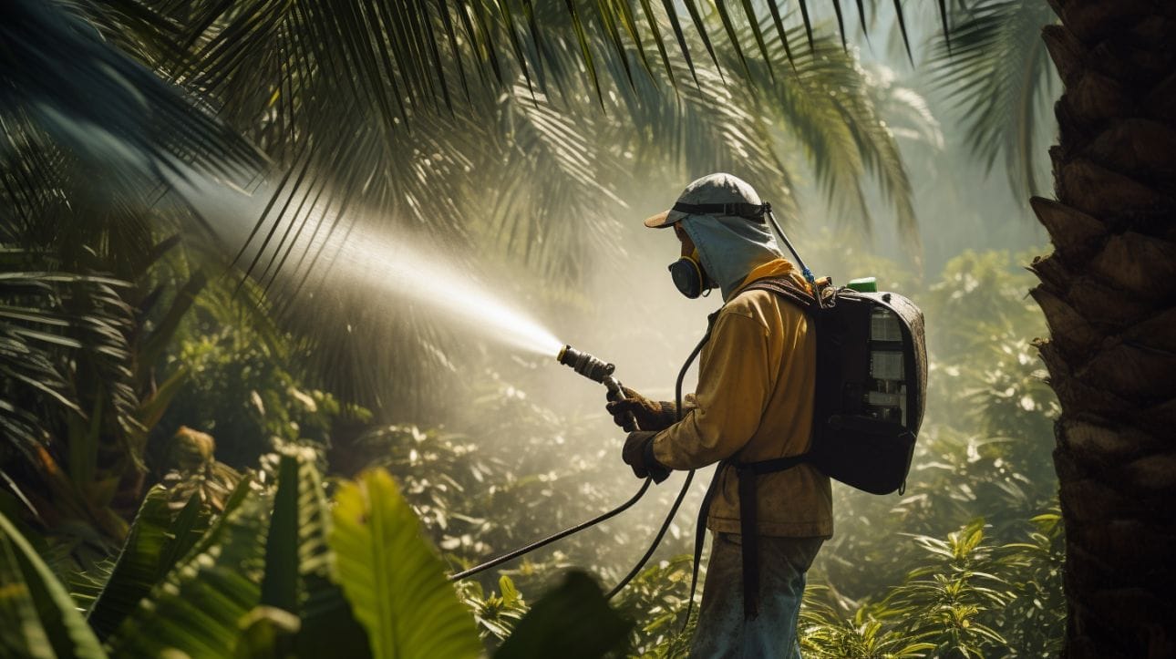 a person with a mask spraying pesticides on the majesty palm trees