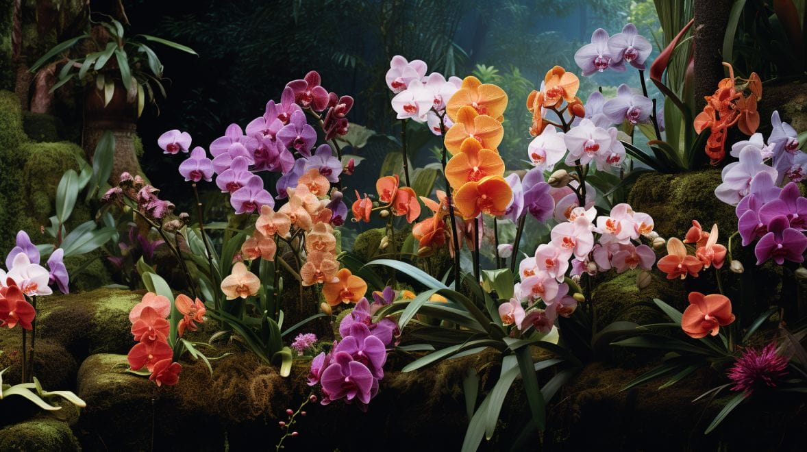 various orchids in a garden