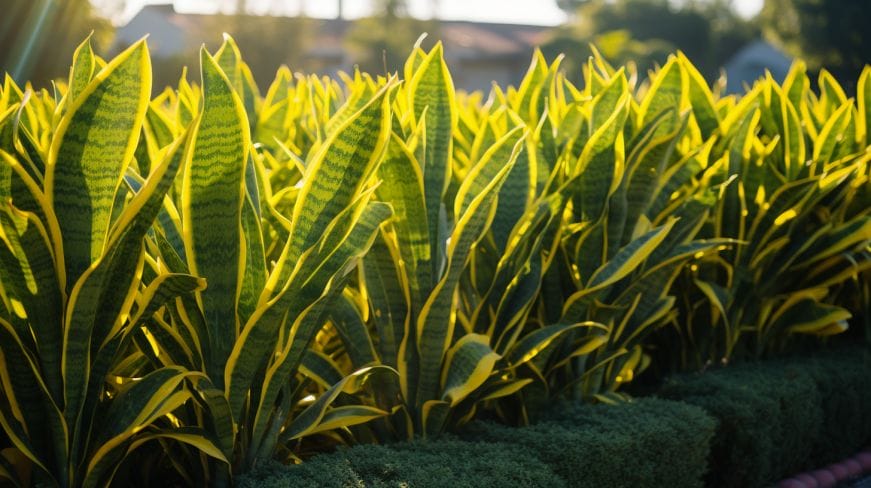 A dense, lush hedge composed entirely of tall, vibrant snake plant.