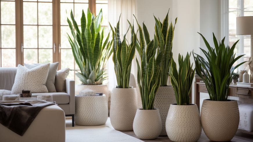Well-lit living room adorned with snake plant in stylish, ceramic pots.