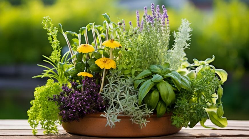 various herbs and flowers thriving together in a pot