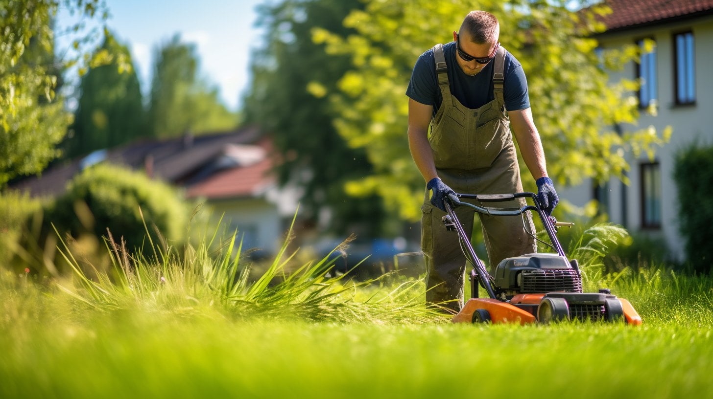 a man with a gloved hand using a lawn mower for the crabgrass removal