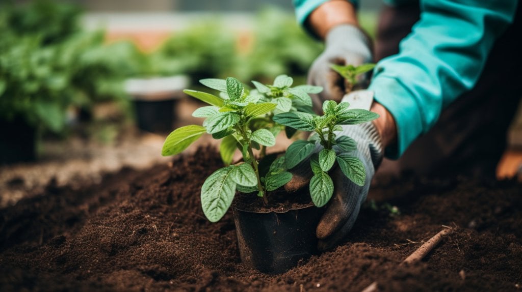 a pair of hands transplanting a mint plant 