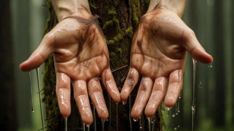 a pair of hands with a tree sap
