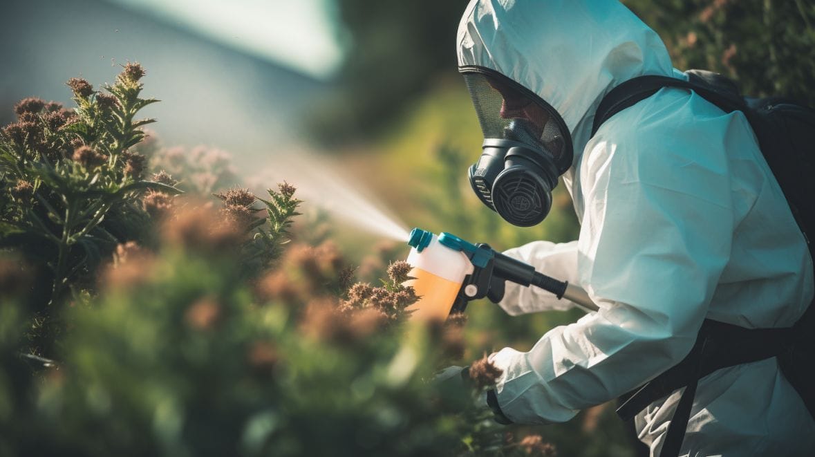 a person wearing protective gear, spraying a bright green weed killer on a goathead thorn plant