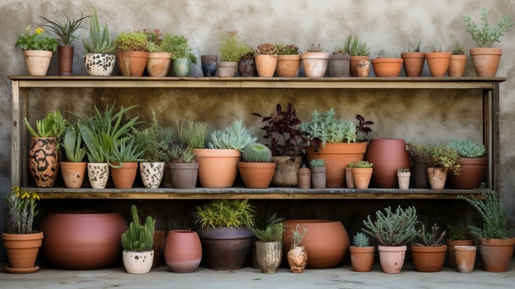 Varities pf Planters and Pots in a shelf