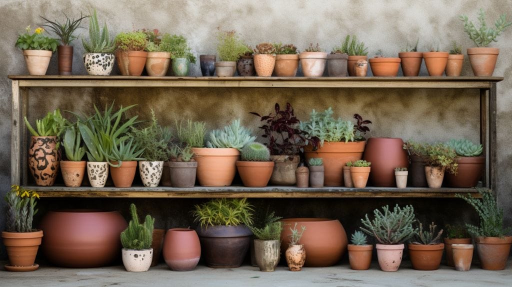 Are Cement Pots Good For Plants: A Comprehensive Planter Debate 6 Varities pf Planters and Pots in a shelf