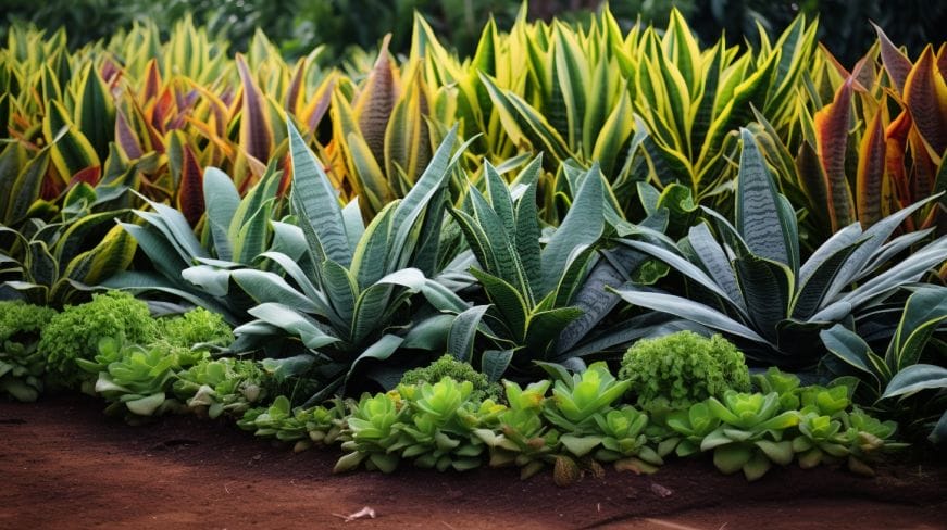 Various types of sanseveria arranged as a hedge.