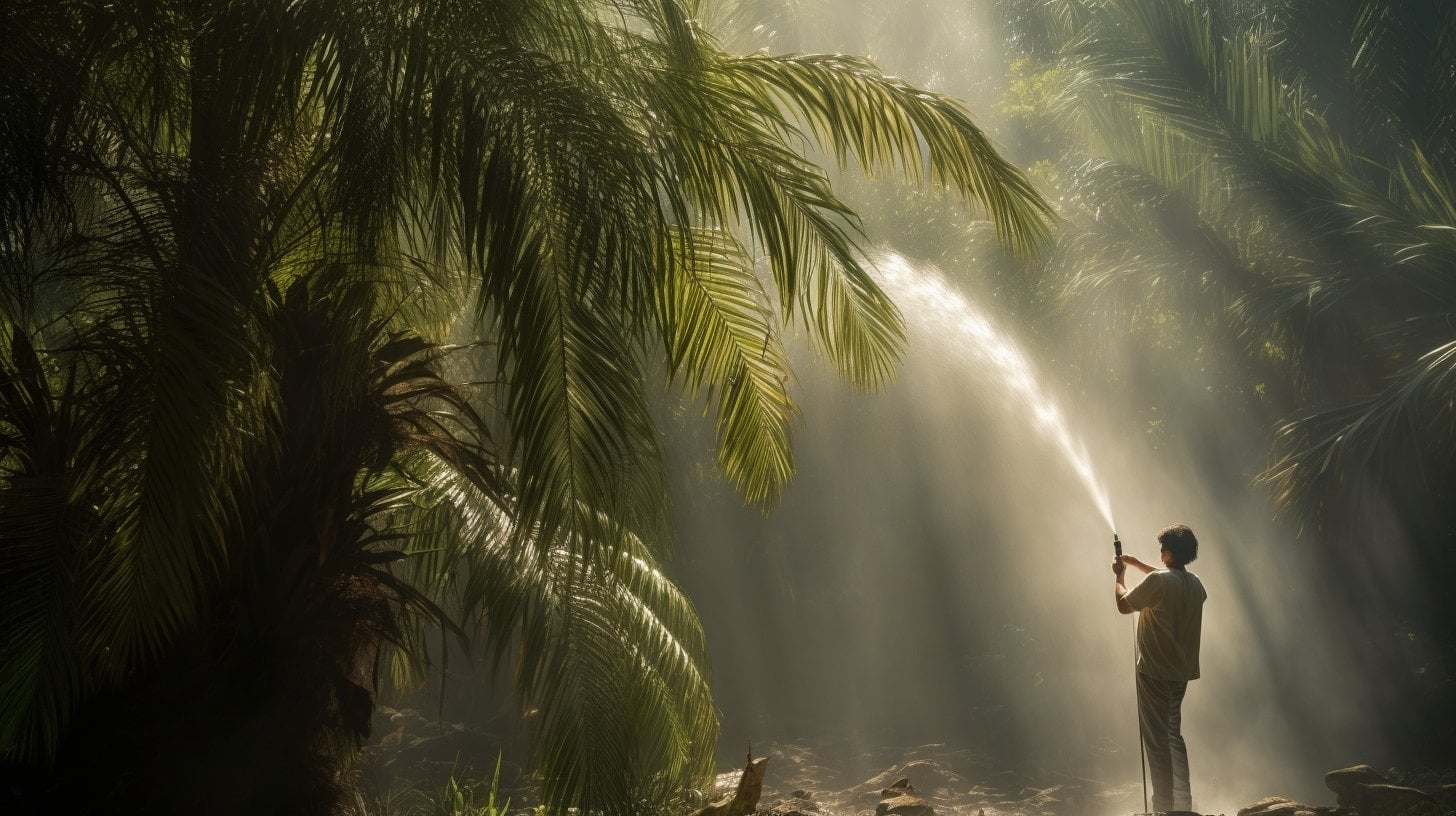 a person watering majestic palm trees