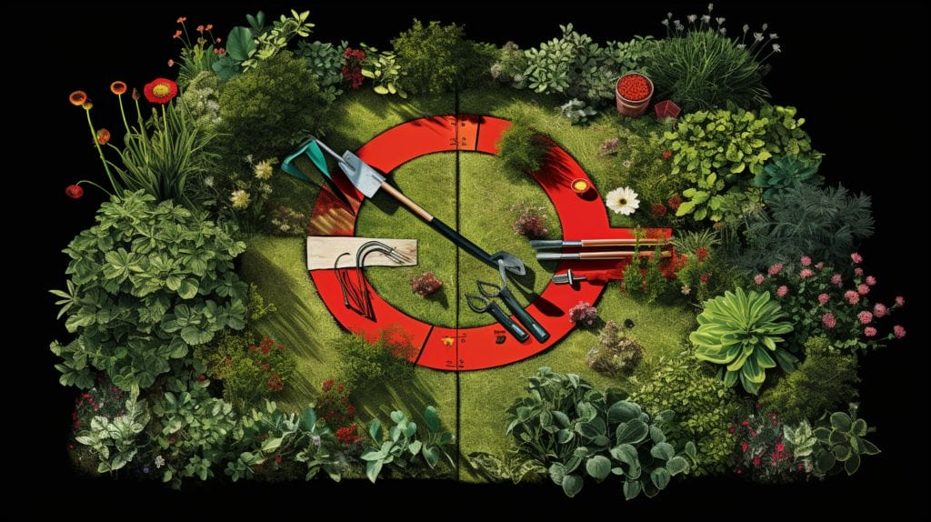 Garden tools in a big red circle.