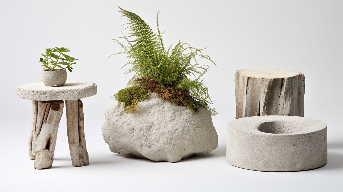 various DIY projects like a stepping stone, plant pot, and a small bench, all made from leftover concrete