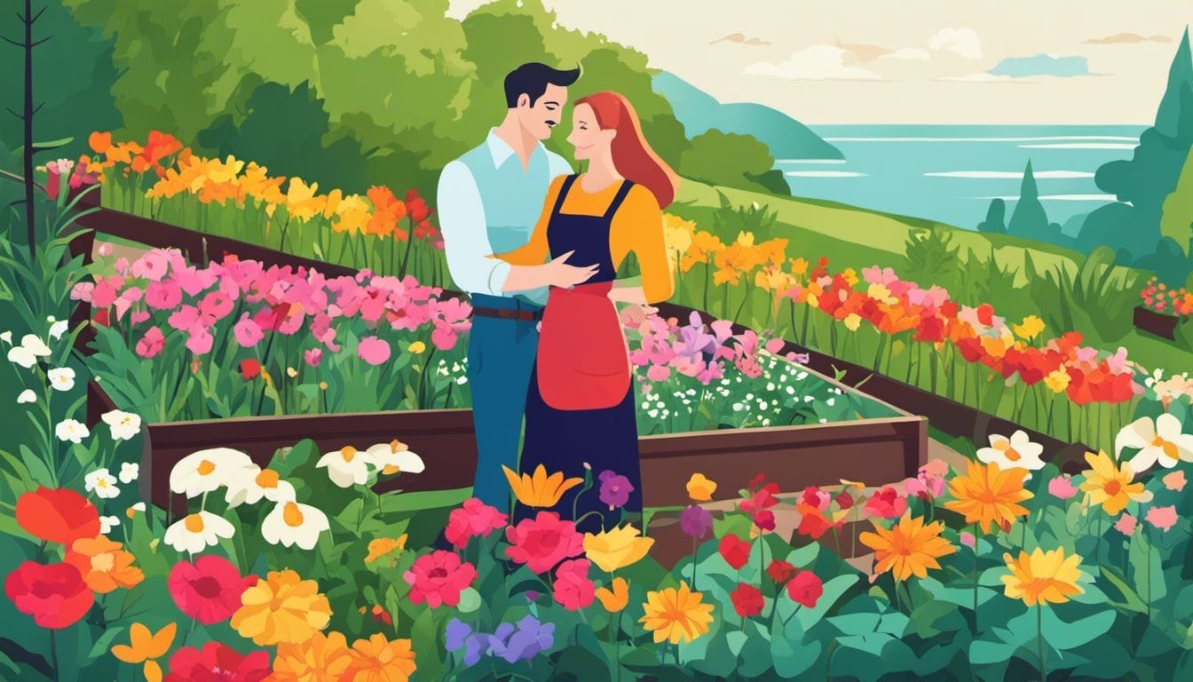 A couple tending to a vibrant garden filled with flowers and plants.