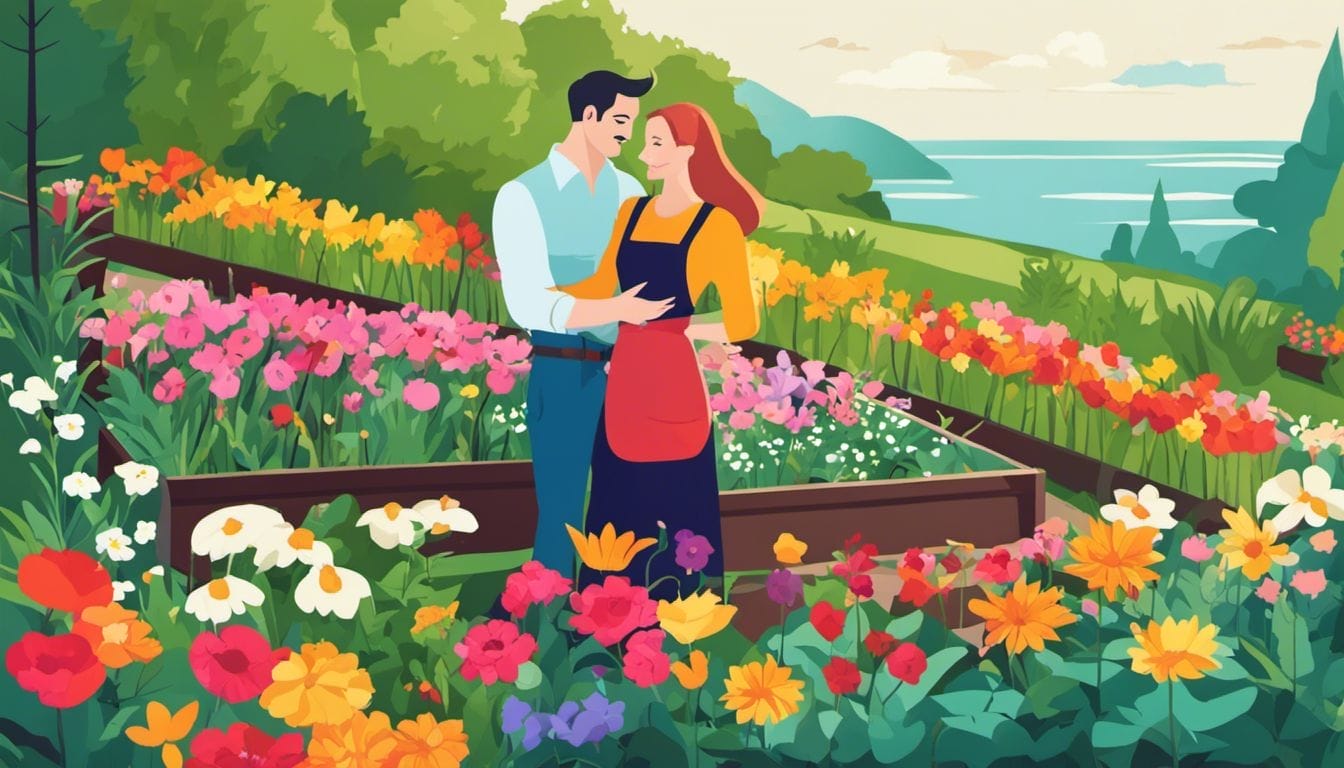 5 Best Wood For A Raised Garden Bed: Organic Gardening's Kept Secret 17 A couple tending to a vibrant garden filled with flowers and plants.