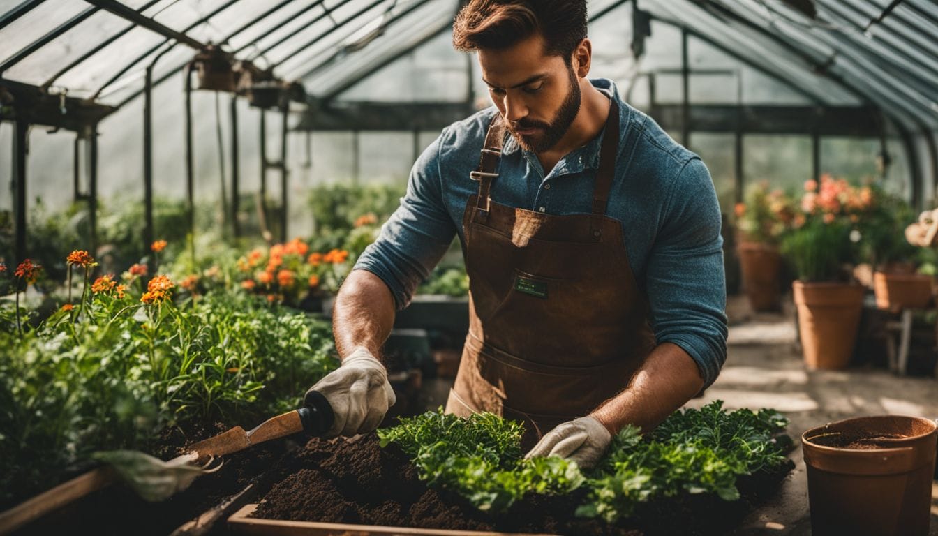 A gardener planting a cutting with rooting hormone in a greenhouse.