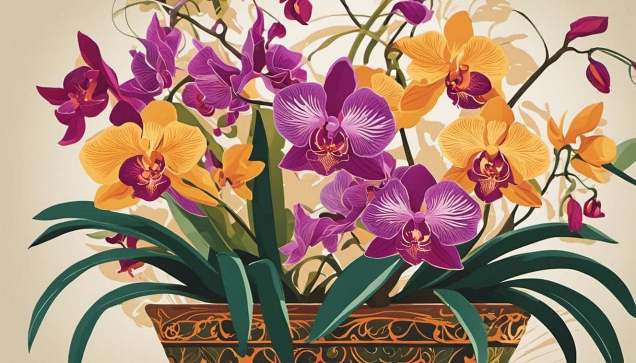 A vibrant orchid stands out among unique decorative pots in nature's beauty.