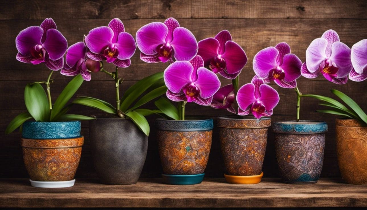 Vibrant orchid pots arranged on a wooden table with colorful blooms.