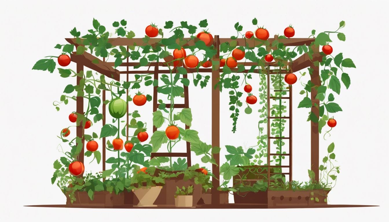 Healthy tomatoes and cucumbers growing on trellis in garden bed.