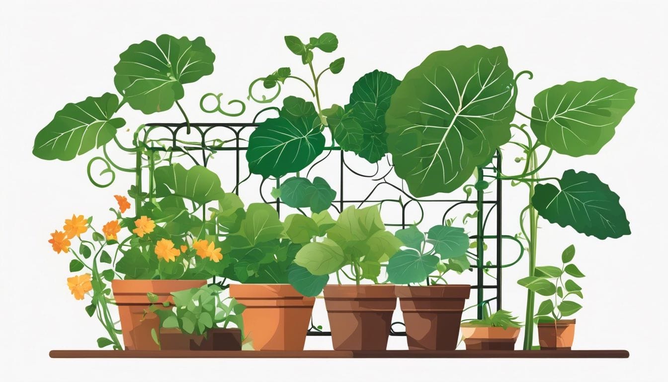A thriving cucumber plant on a sturdy trellis surrounded by healthy garden plants.